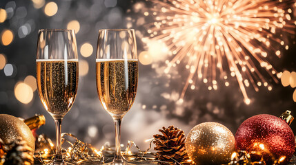 Two champagne glasses with sparkling bubbles, festive decor, and a glowing background of fireworks. Perfect for celebration, holiday, or New Year's Eve themes