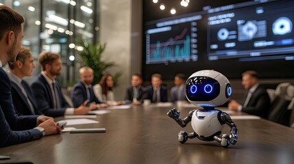 Poster - A robot showcases innovative data on a screen while business people engage during a strategic meeting in a high-tech office space