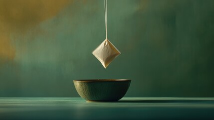 Poster - A tea bag is being immersed in a green cup, releasing its flavors into the warm water during a relaxing afternoon ritual. Generative AI
