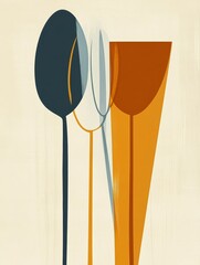 Poster - Colorful abstract shapes represent a spoon and cup, creating a modern artistic interpretation of kitchen utensils against a soft backdrop. Generative AI