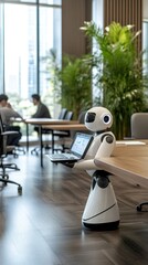 Poster - A robot showcases innovative data on a screen while business people engage during a strategic meeting in a high-tech office space