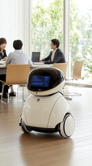 A robot showcases innovative data on a screen while business people engage during a strategic meeting in a high-tech office space