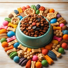 A bowl of dry pet food surrounded by colorful pet treats, representing a balanced pet diet.