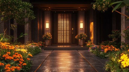 Poster - Grand modern front door made of dark wood with intricate carvings surrounded by bright flowers and ambient lighting creating an inviting and impressive entrance to the apartment