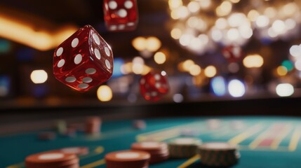 Poster - Red dice fly above a craps table, while scattered poker chips create an exciting atmosphere in the casino at night. Generative AI