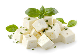 Feta cheese cut in cubes, isolated on white background