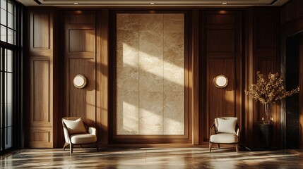 Poster - Harmonious wall composition showcasing rich mahogany wooden panels complemented by creamy marble sections evoking a sense of warmth and sophistication in a stylish interior