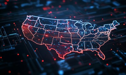 Futuristic technology USA map with flag background and glowing lights, global communication and connection concept.