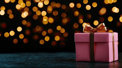 Christmas Background, A pink gift box with a bow, surrounded by shimmering bokeh lights.