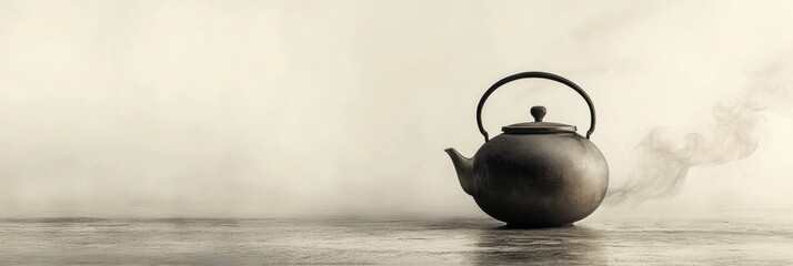 Canvas Print - A vintage tea kettle emits thin steam, filling the air with warmth, set against a soft, muted background that enhances the tranquil mood. Generative AI