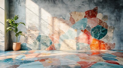 Poster - Highquality terrazzo marble flooring texture showcasing a vibrant mix of colorful stones in shades of turquoise coral and cream set against a subtle concrete wall for depth