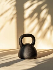 Poster - The black kettlebell sits on a smooth surface, creating gentle shadows as sunlight streams in, highlighting its shape and texture. Generative AI