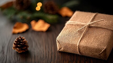 Wall Mural - christmas background, rustic gift wrapped in burlap on wooden surface with pine cones and holiday li