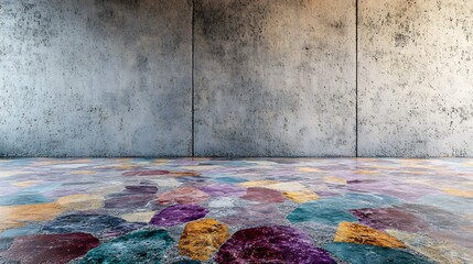 Poster - Highquality terrazzo marble flooring texture showcasing a rich blend of jewel tones like emerald amethyst and sapphire set against a light concrete wall for a luxurious touch