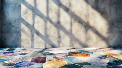 Poster - Highquality terrazzo marble flooring texture showcasing a rich blend of jewel tones like emerald amethyst and sapphire set against a light concrete wall for a luxurious touch