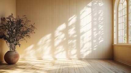 Poster - Light beige paneled wall background with thin vertical panels and subtle shadow play offering a refined minimalist look that seamlessly blends into modern sleek interiors
