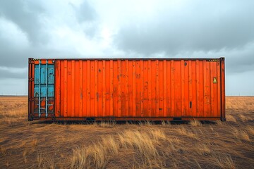 Rusty red metal cargo container stands abandoned in a dry grassy field, marked by time with rust and wear.