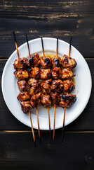 Canvas Print - Delicious grilled chicken skewers with glaze resting on white plate on black wooden table