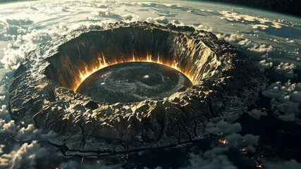 Wall Mural - A fiery crater erupts on a distant planet, revealing a swirling galaxy within