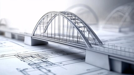 Architectural model of the bridge on the background of blueprints. 3d rendering.