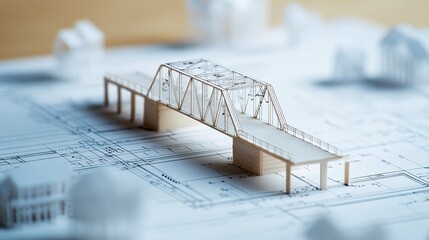Architectural model of the bridge on the background of blueprints. 3d rendering.
