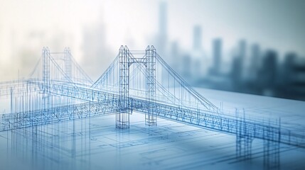 Architectural model of the bridge on the background of blueprints. 3d rendering.