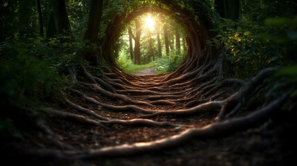 Poster - Sunbeams illuminate a pathway through a tunnel of twisting roots in a dense forest.