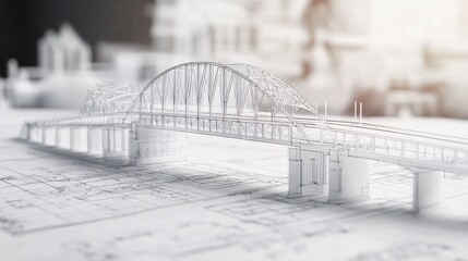 Architectural model of the bridge on the background of blueprints. 3d rendering.
