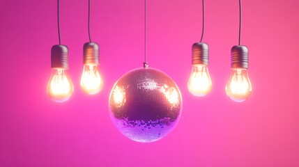 Poster - Shiny disco ball is hanging in front of a pink background illuminated by four light bulbs. This retro party image evokes a vintage nightclub atmosphere