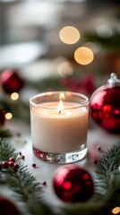 Poster - Single white candle is burning bright, surrounded by red ornaments, evergreen branches, and sparkling lights, creating a warm and inviting christmas atmosphere