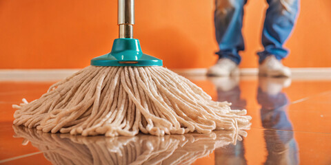 A mop and bucket sit on a freshly cleaned office floor, surrounded by empty space, waiting for text or design elements, indicating cleanliness and professionalism.