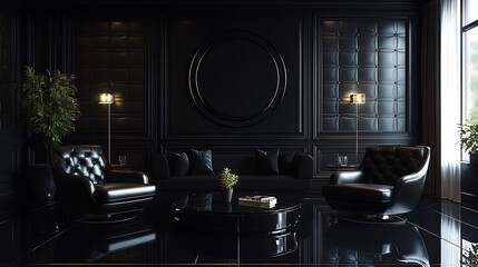Poster - Luxurious highgloss black panelled wall background with reflective surfaces and geometric patterns adding a modern upscale vibe to the space with subtle lighting highlighting the textures