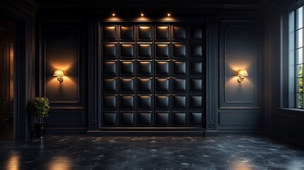 Fototapete - Luxurious highgloss black panelled wall background with reflective surfaces and geometric patterns adding a modern upscale vibe to the space with subtle lighting highlighting the textures