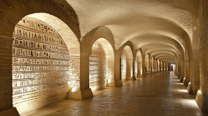 Ancient Arched Corridor with Brick Walls and Inscriptions