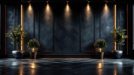 Poster - Luxurious highgloss black panelled wall background with reflective surfaces and geometric patterns adding a modern upscale vibe to the space with subtle lighting highlighting the textures