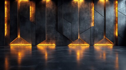 Poster - Luxurious highgloss black panelled wall background with reflective surfaces and geometric patterns adding a modern upscale vibe to the space with subtle lighting highlighting the textures