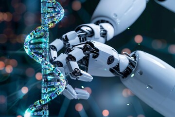 Poster - artificial intelligence assisting in gene splicing ,a robot grasping a dna strand, symbolizing the i
