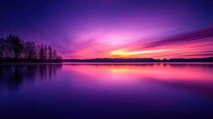 Wall Mural - Serene sunset over a tranquil lake with vibrant colors