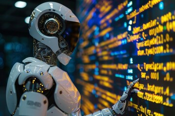 Poster - artificial intelligence battling rogue codes ,a robot stands before a computer screen, showcasing a 