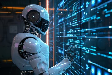 Poster - artificial intelligence battling rogue codes ,a robot facing a computer screen, representing advance