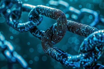Poster - artwork depicting the peer-to-peer model of blockchain ,an image showcasing a series of links in a c