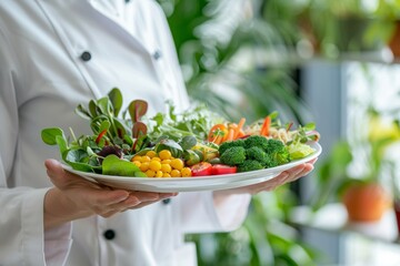 Chef holding fresh vegetable platter with mixed greens and broccoli