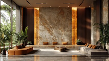 Poster - Luxurious hotel lobby featuring a combination of a sleek wooden panel and a stunning marble wall pattern exuding elegance and sophistication in its modern design