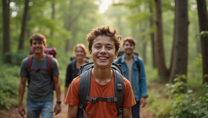 Wall Mural - Happy backpacker and his friends hiking in forest, walking through rocky forest on a rainy day with his male friends. Outdoor mountain adventure, trekking travel, hiker sport, Hiking concept