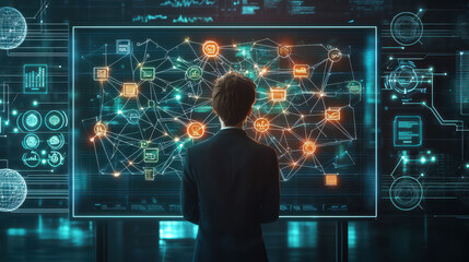Poster - business professional analyzing complex digital network and data visualization on futuristic screen 