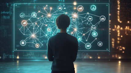 Poster - individual analyzing digital data visualization on an interactive screen, showcasing network connect