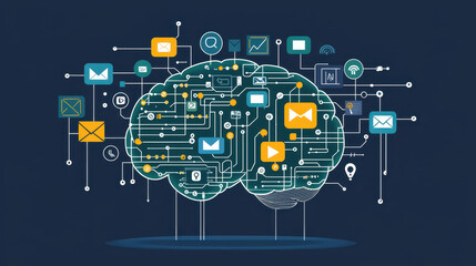 Poster - Conceptual illustration of a digital brain with various communication icons representing technology, innovation, and information exchange