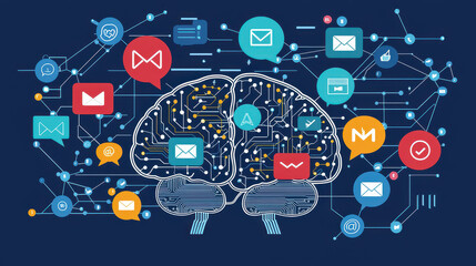Poster - Conceptual illustration of a brain with digital connections and various communication icons representing data and networking