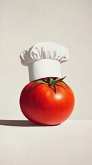 Single ripe red tomato with a green stem is wearing a white chef hat, positioned on a white background with its shadow visible