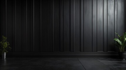 Poster - Matte black panelled wall background with wide bold vertical panels and crisp lines creating a dramatic and modern backdrop perfect for contemporary or industrial interior designs